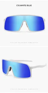 Detail view of white frame polarized sunglasses with blue mirrored lenses