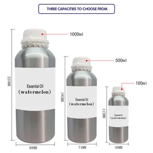 Three capacities of watermelon essential oil in silver aluminum bottles with sizes