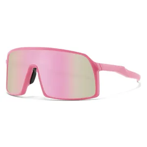 Oversized pink sports cycling sunglasses with mirrored polarized shield lens for outdoor