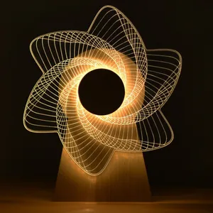 Luz nocturna 3D creativa con diseño de molino, base de madera y suave brillo LED