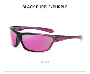 Side view of black and purple sports cycling sunglasses with pink-purple lenses
