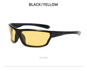 Detailed 45-degree side view of black sports sunglasses with yellow lenses.