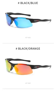 Close-up detail of half-frame polarized sports sunglasses in blue and orange lenses