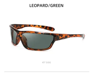 Side view of leopard print polarized sports sunglasses with dark green lenses
