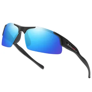 Semi-rimless polarized sports sunglasses with blue lenses for cycling and driving