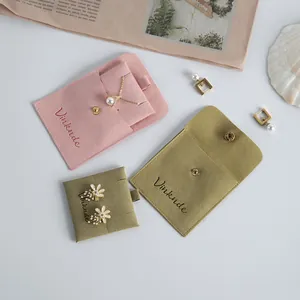 Detail view of premium microfiber jewelry pouches with snap button closure and logo
