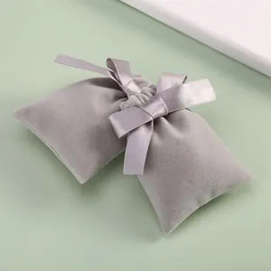 Elegant Grey Plush Velvet Jewelry Pouch With Satin Ribbon Bow Drawstring Bag For Necklace Bracelet Earring Storage Gift Bag