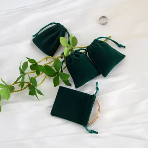 Bolsas de terciopelo verde oscuro con cordón para joyas, anillos y brazaletes de regalo