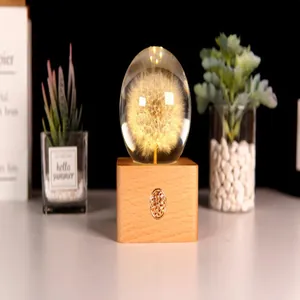 Dandelion crystal ball night light with a natural wood base for cozy room decor.