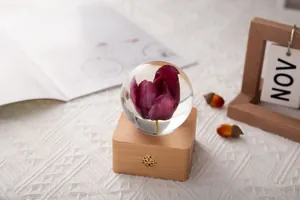 Close-up of preserved tulip flower in crystal ball on a natural wooden light base