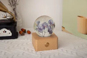 Vue détaillée d'une lampe de nuit boule de cristal avec hortensias sur socle bois.