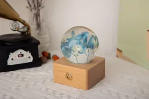 Détail d'une boule de cristal avec hortensia bleu sur socle en bois pour veilleuse LED