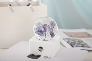 Vue détaillée d'une veilleuse boule de cristal avec des spécimens d'hortensias mauves