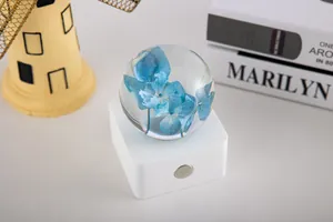 Détail d'une boule de cristal avec hortensia bleu préservé sur une base tactile blanche