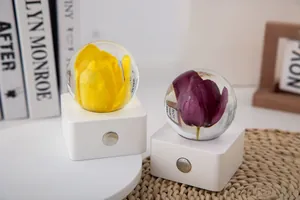 Detailed view of yellow and purple tulip specimen resin balls on rechargeable night light bases.