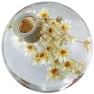 Elegant crystal gear shift knob with real dried white daisies inside for luxury car interior
