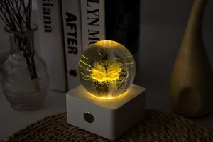 Close-up of crystal ball night light with yellow flower specimen glowing on a desk.