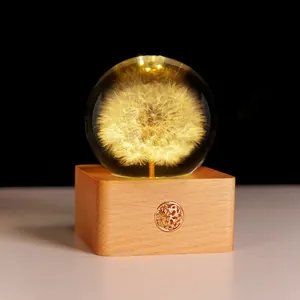 Elegante Kristallkugel-Nachtlampe mit echtem Pusteblumen-Exemplar auf Holzsockel