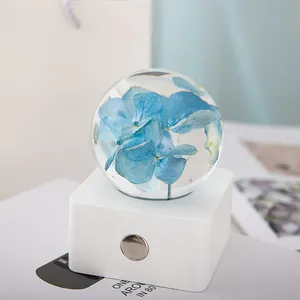 Veilleuse élégante en cristal avec des fleurs d'hortensia bleues préservées sur son socle