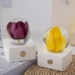 Elegant rechargeable tulip preserved flower crystal ball night light for romantic home decor gift