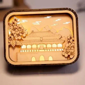 Veilleuse 3D en bois à architecture chinoise traditionnelle avec lueur LED.