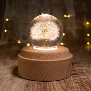 Carillon Palla di Cristallo Con Tarassaco Base in Legno Massiccio Luminosa a LED Sfera in Vetro di Cristallo Bianco Regalo di San Valentino