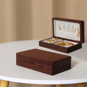 Premium black walnut solid wood jewelry organizer box with soft white interior lining
