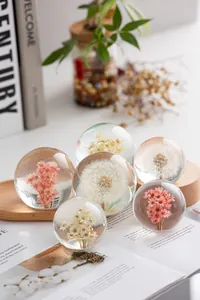 Groupe de sphères en cristal avec pissenlits et fleurs séchées sur bureau blanc