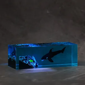 Creative Ocean Theme Resin Whale Night Light With Solid Wood Base Shark Diver Ornament For Bedroom Office Table Decor Gift