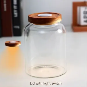 Detail view of the wooden lid with an integrated warm light switch for the glass jar