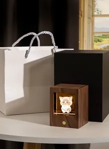 Warm LED wooden night light featuring a 3D laser-engraved cat crystal with gift bags