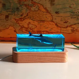Ocean resin shark night light with solid wood base, creative handmade sea ornament lamp
