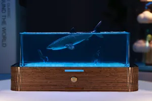 Luce notturna in resina con squalo e subacqueo e base in legno lampada decorativa