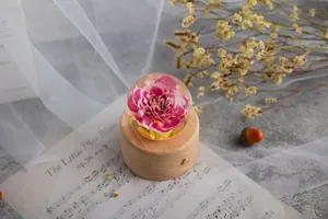 Detailansicht einer Spieluhr aus Holz mit konservierter Nelke in einer Kristallkugel.