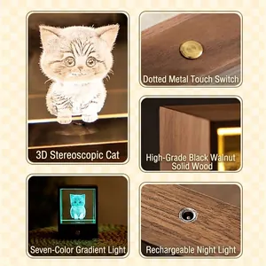 3D cat night light in walnut wood frame with touch switch and color-changing LED