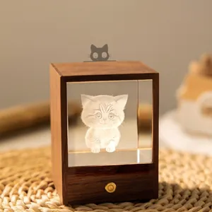 Creative wooden night light with 3D cat laser-engraved crystal cube for premium gifts