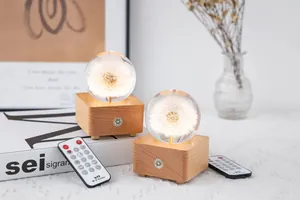 Detailed view of dandelion crystal ball music boxes with wooden base and wireless remote