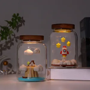 Artistic healing night light glass bottle with rocket and house miniatures ornament