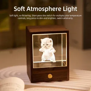 Creative wooden night light with 3D cat crystal engraving and warm adjustable glow