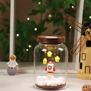Healing rocket and stars glass jar night light ornament with wooden lid for kids gift