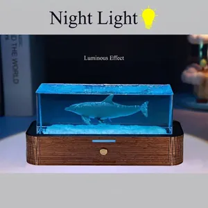 Luce notturna artistica a delfino in resina con base in legno per l'arredo di casa