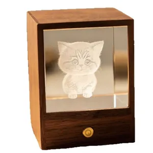 Wooden night light with a 3D laser-engraved crystal cat, perfect for creative gifts.