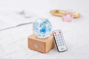 Detail view of preserved blue hydrangea crystal ball with remote on wooden base