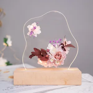 Elegant preserved flower night light with acrylic sheet and wooden LED base decor