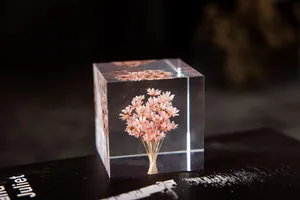 Gros plan détaillé de fleurs séchées roses conservées dans un cube décoratif en résine