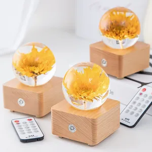 Dandelion crystal ball music box with wooden base and glowing night light