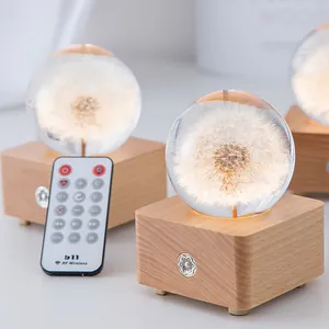 Glowing dandelion crystal ball music box on natural wooden base with remote control