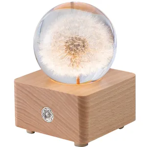 Elegant dandelion preserved flower crystal ball music box with glowing wooden base