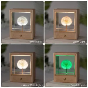 Houten paardenbloem hars nachtlampje met witte warme en RGB-modus