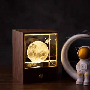 Vintage black walnut wood night light with 3D crystal moon and astronaut figurine